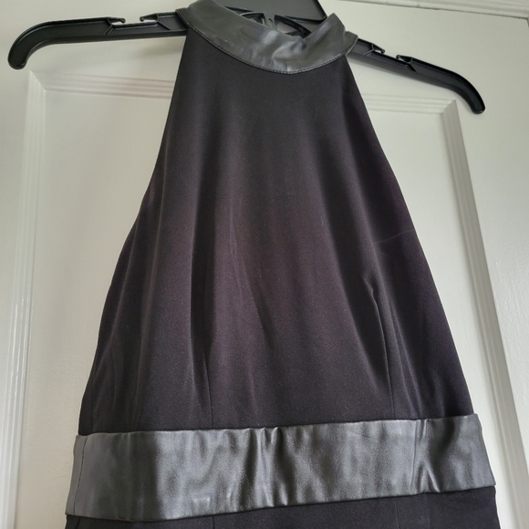 Black mock neck floor length dress with slit and leather detail - Picture 3 of 4